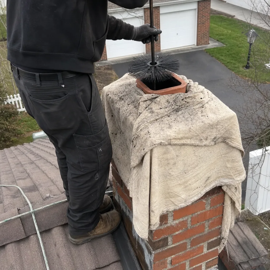 Professional chimney sweep cleaning a brick chimney on a roof