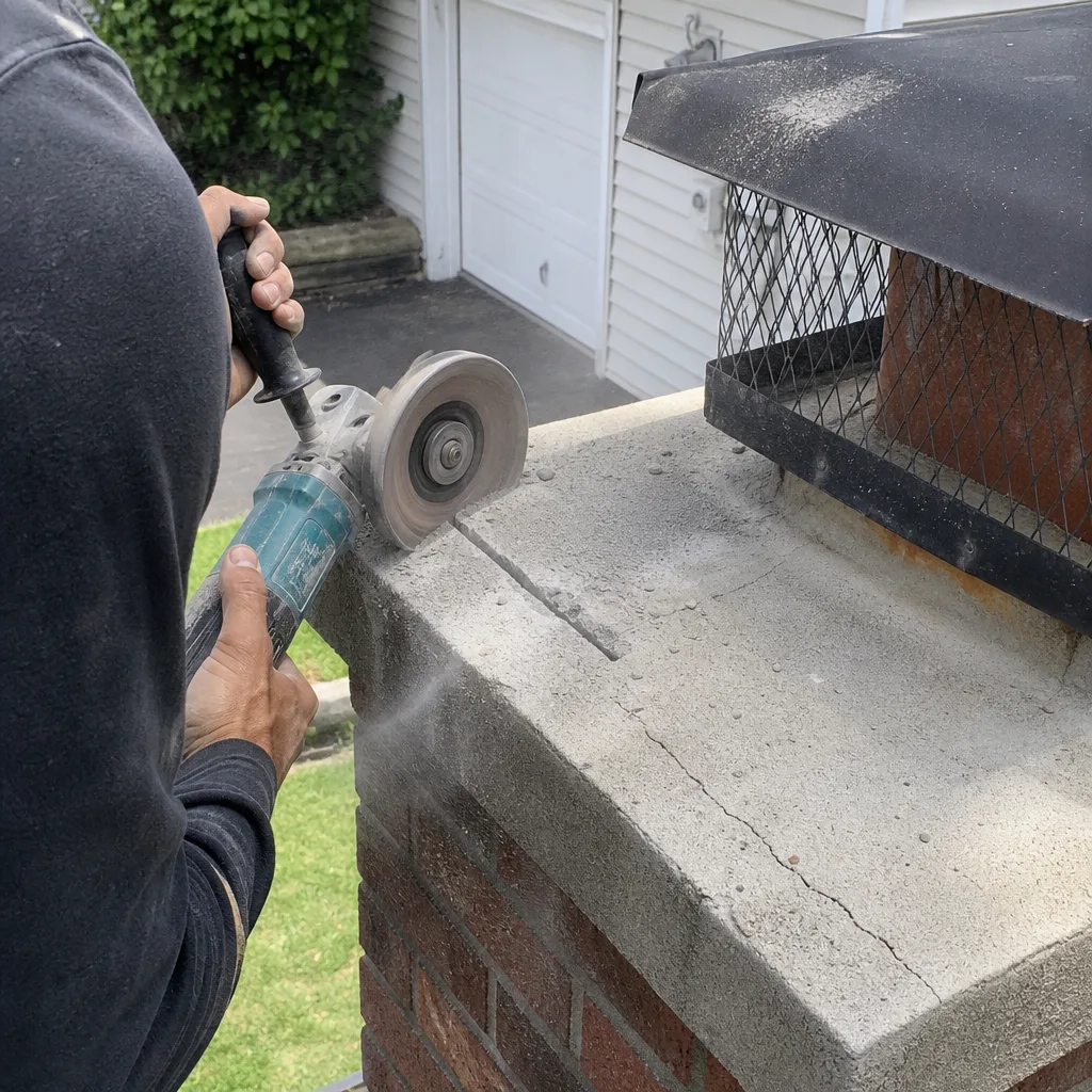 Professional contractor performing chimney crown repair with a concrete saw