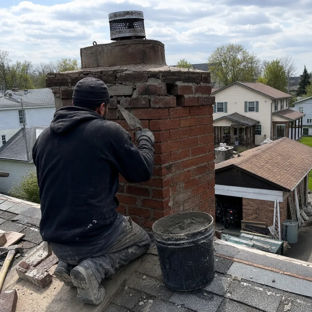 A chimney technician repairing brick mortar on a residential rooftop