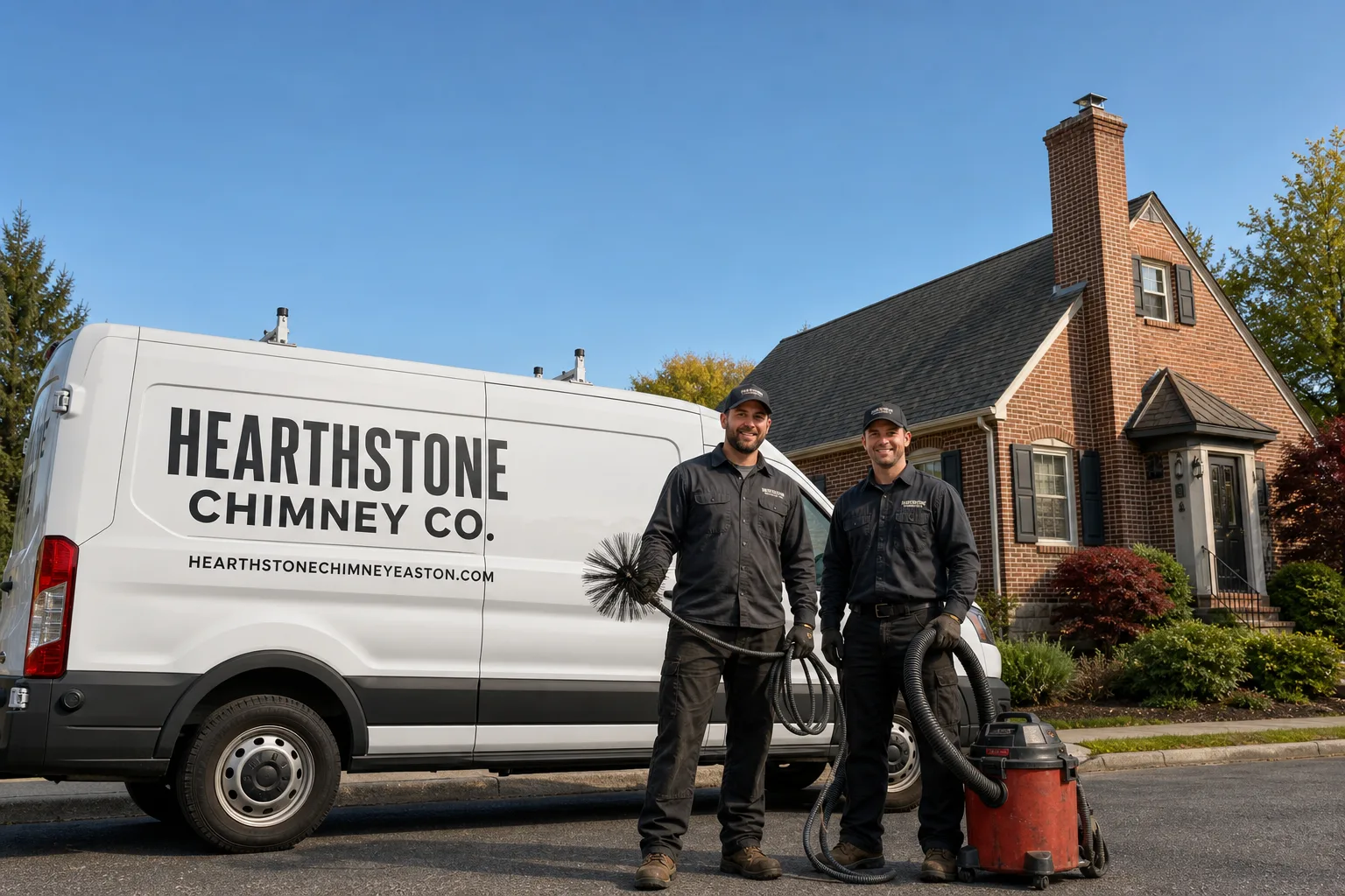 Hearthstone Chimney Co. chimney cleaning service vehicle and crew in Easton, PA